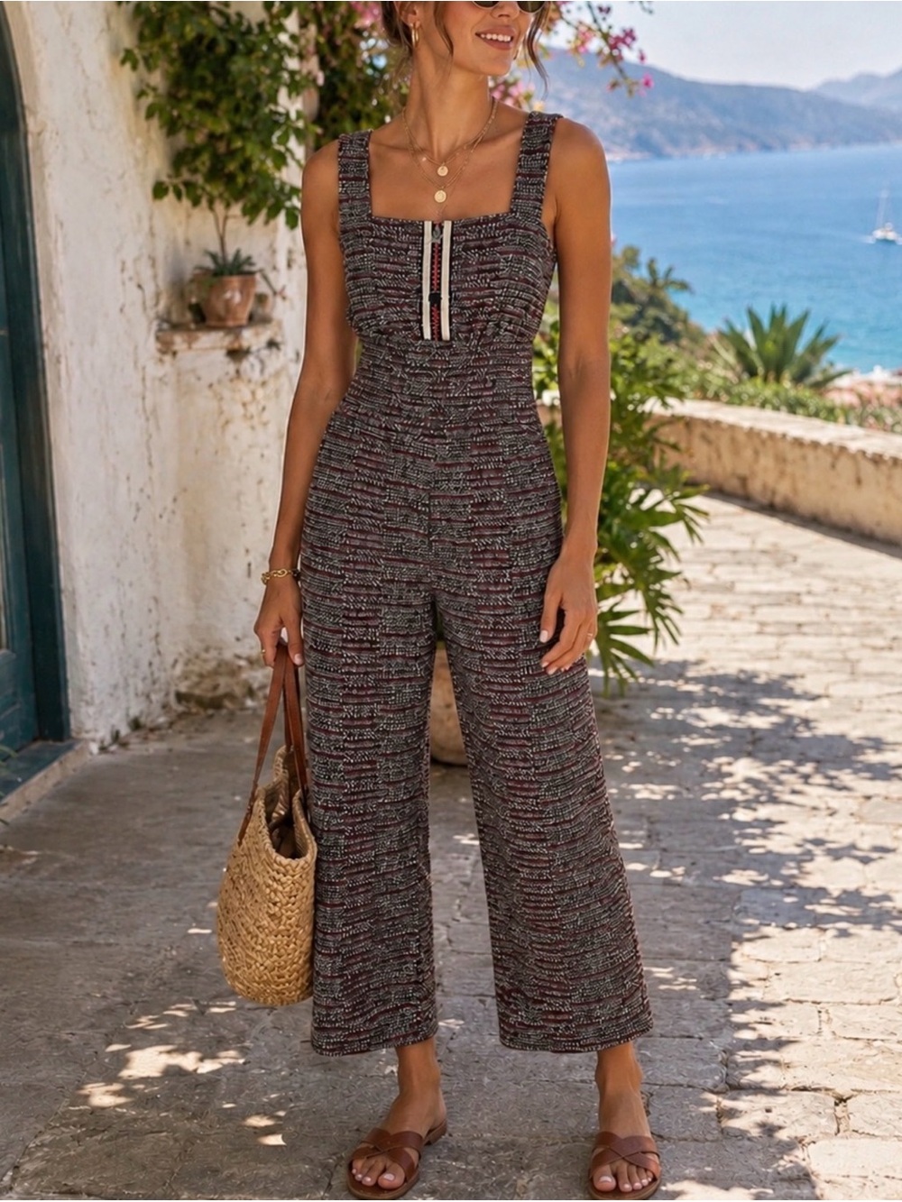 Maje Tweed Square Neck Jumpsuit 38/2 Red Blue Gray Black Chic Parisian One‑Piece